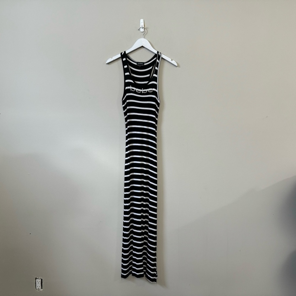 BEBE Black & white striped ribbed maxi sleeveless Y2K dress